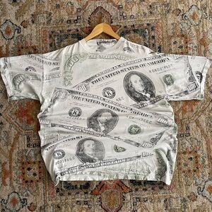 vintage 1990s 100 dollar bill all-over print t-shirt